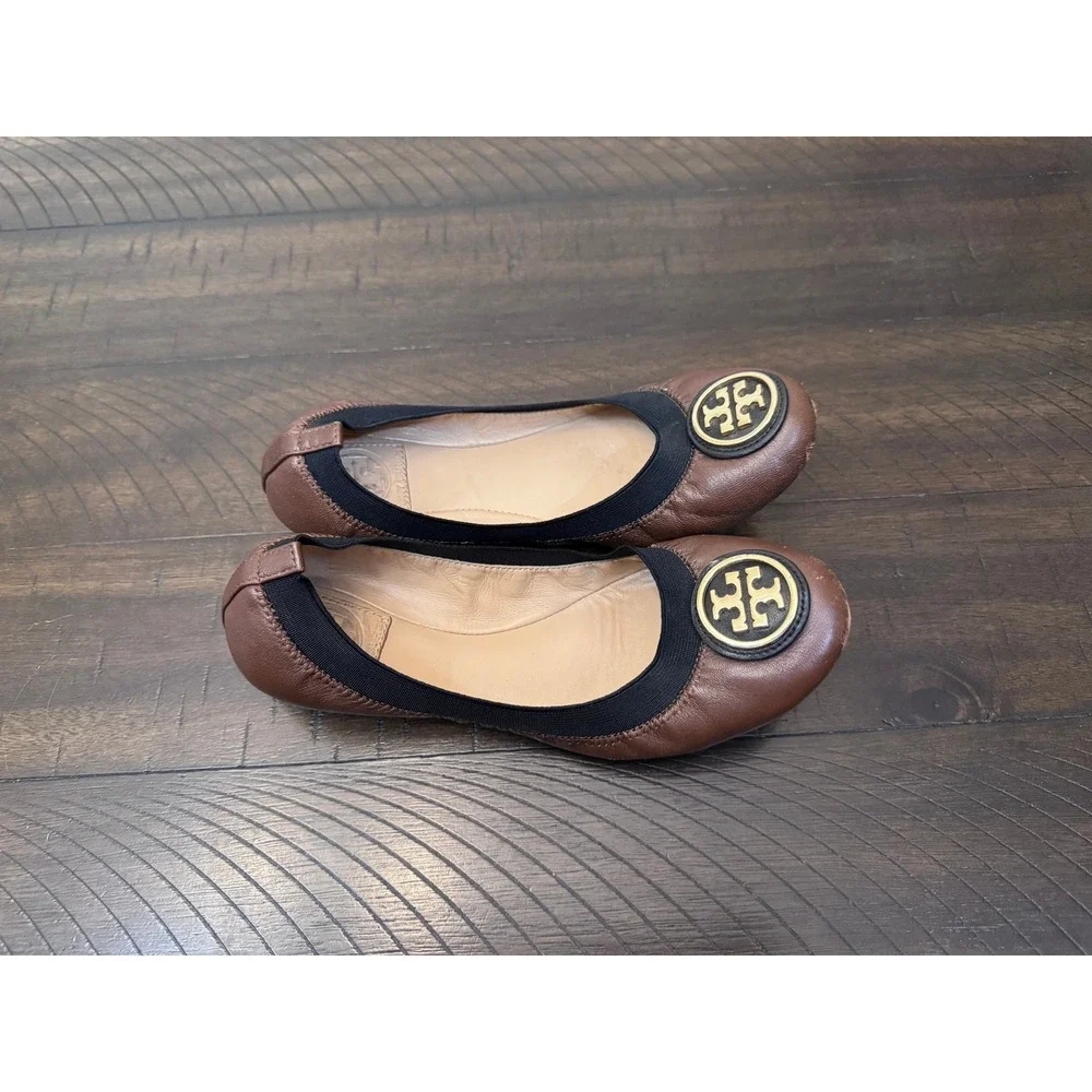 Tory Burch Caroline 2 Leather Ballet Flats Java Brown Black Size 6 Gold Logo